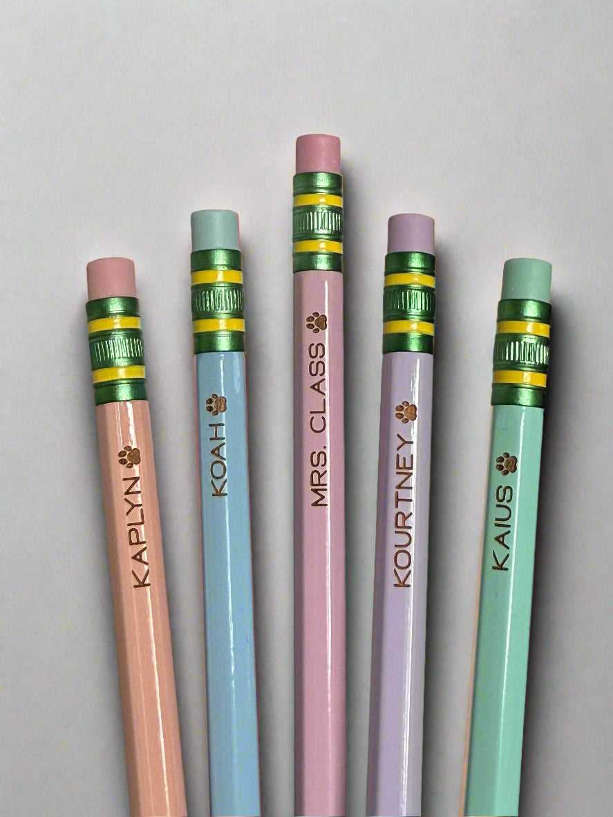 Five pencils with branded erasers on a light gray background