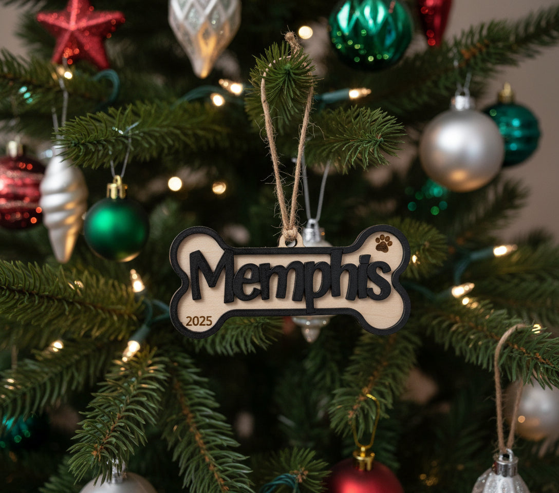Dog Name Wooden Ornament – Bone Design