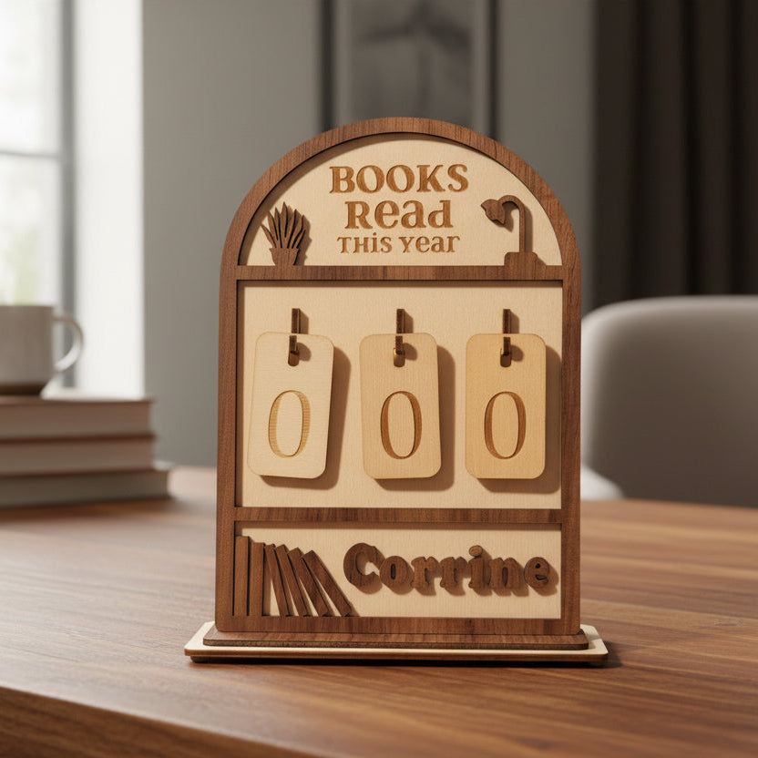 Wooden bookshelf tracker on a desk with books and a mug in the background