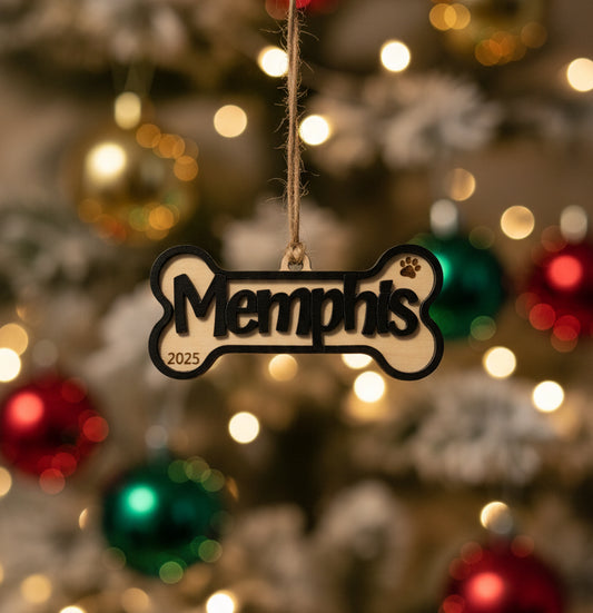 Dog Name Wooden Ornament – Bone Design