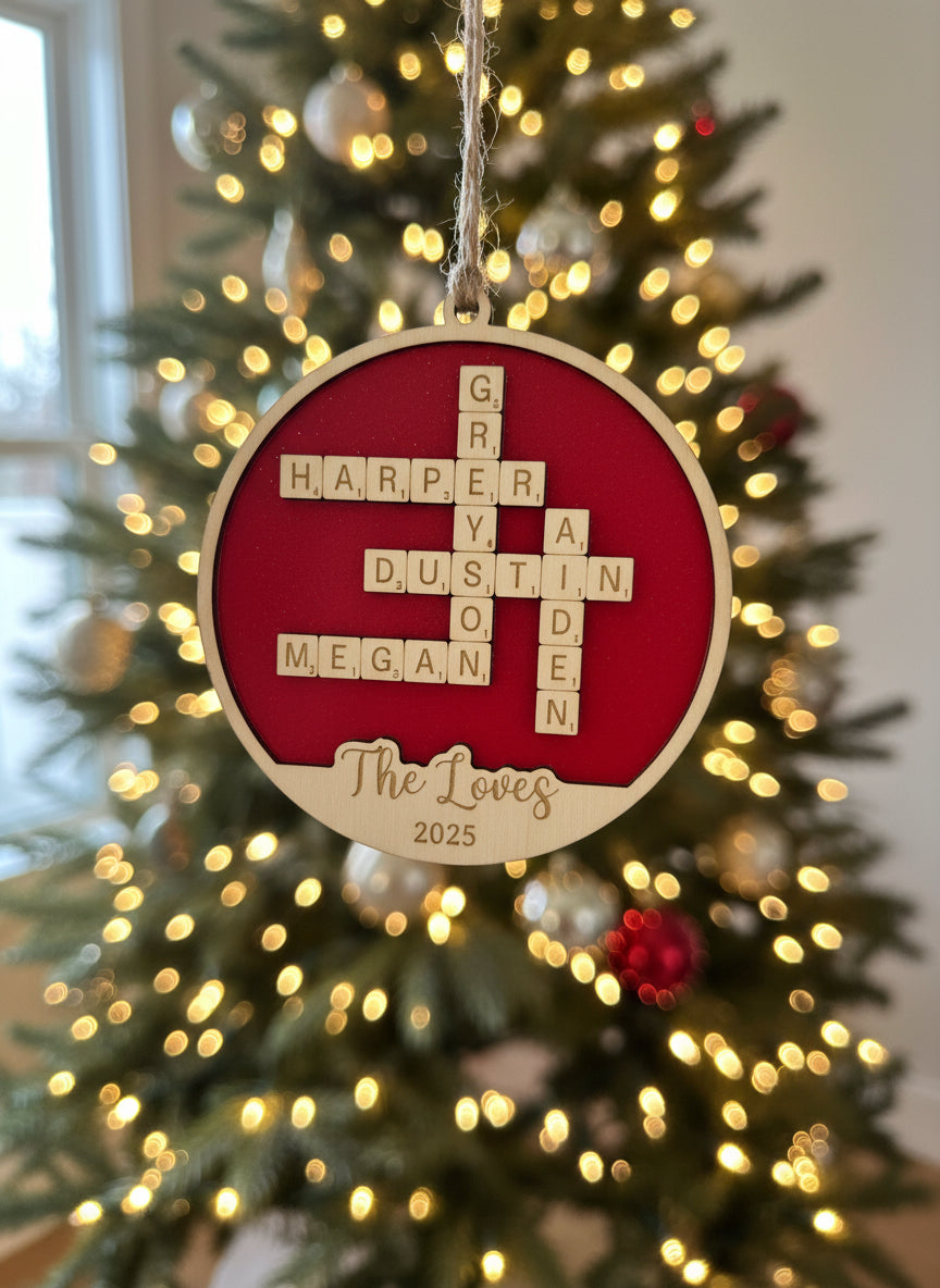 Wooden Scrabble Name Ornament – 4.5” Round
