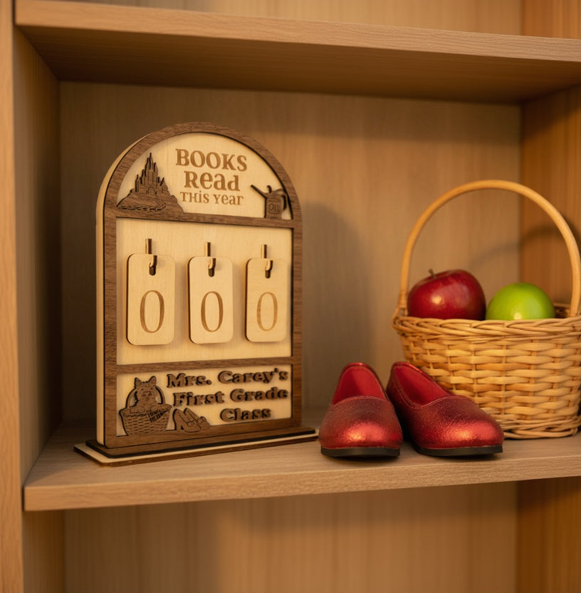 Wooden book tracker with red shoes and a basket of apples on a shelf