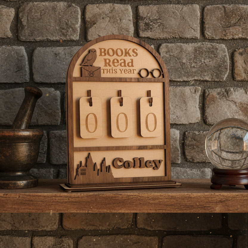 Wooden book tracker with pegs on a wooden shelf against a stone wall.